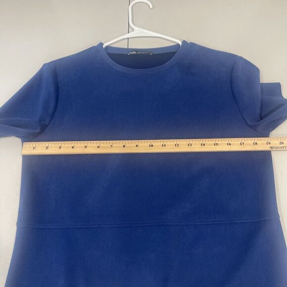ZARA FAUX SUEDE Shift Dress Sz M Retro Modern Blue Comfort Crew Short Sleeve - Picture 7 of 10